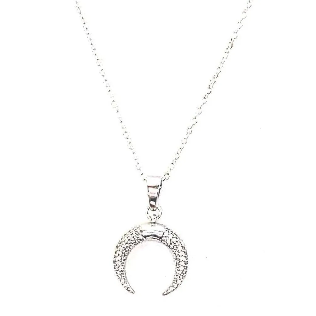 Downward Crescent Moon Necklace, Crescent Horn Necklace, Silver