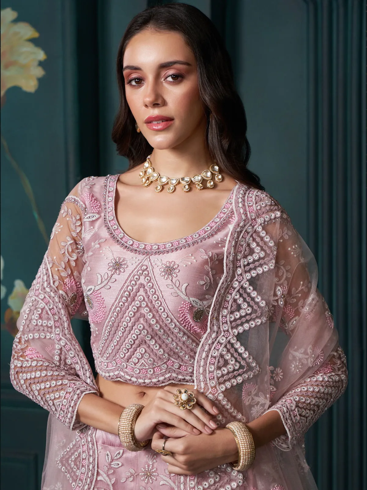 Dusty Pink Cording Embroidered Wedding Lehenga Choli