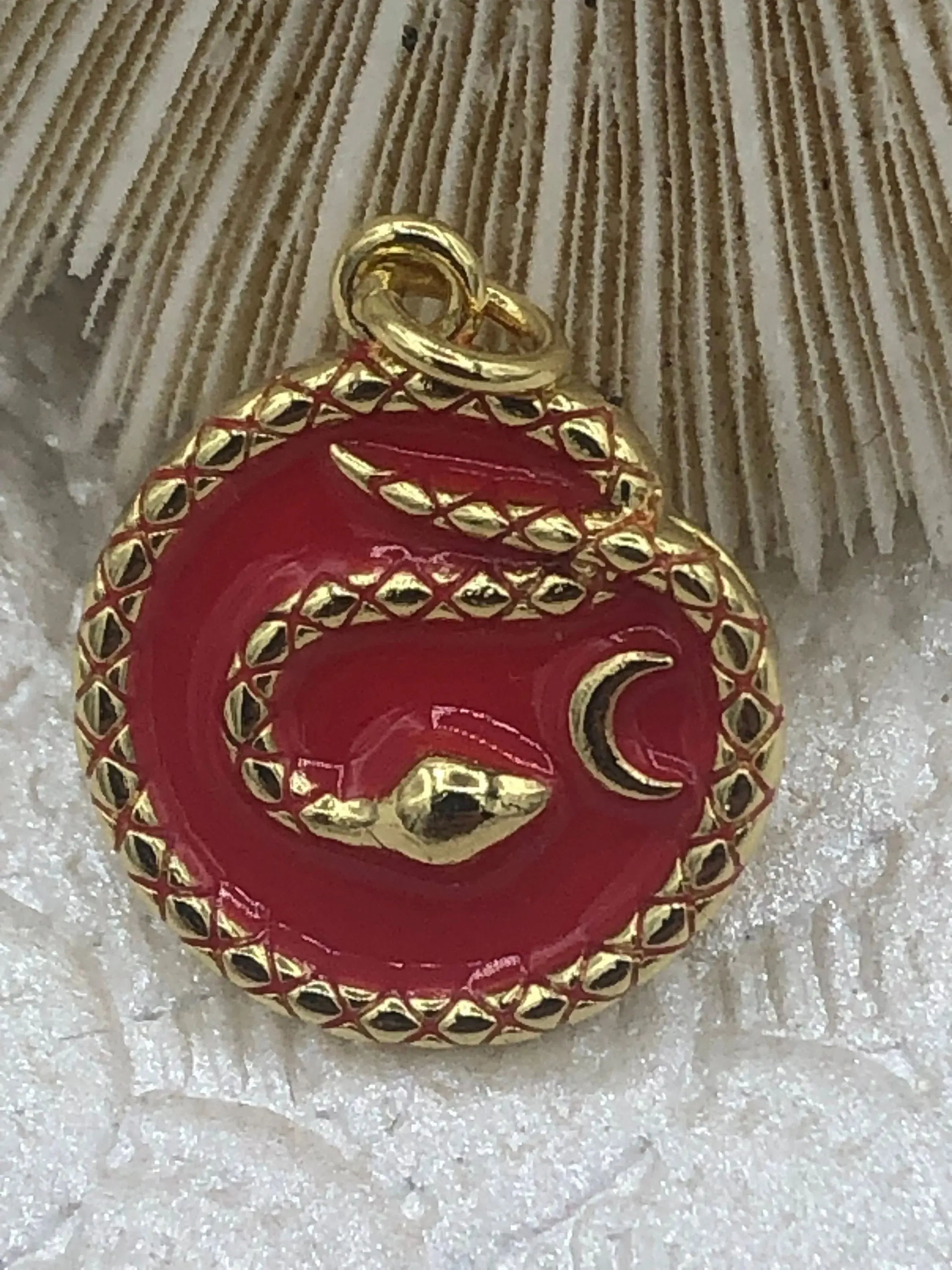 Enamel Snake on Round Coin Pendant With Crescent Moon, Gold Enamel Round Pendant, Enamel 3 Colors from the menu. 20mm x 16mm Fast Shipping