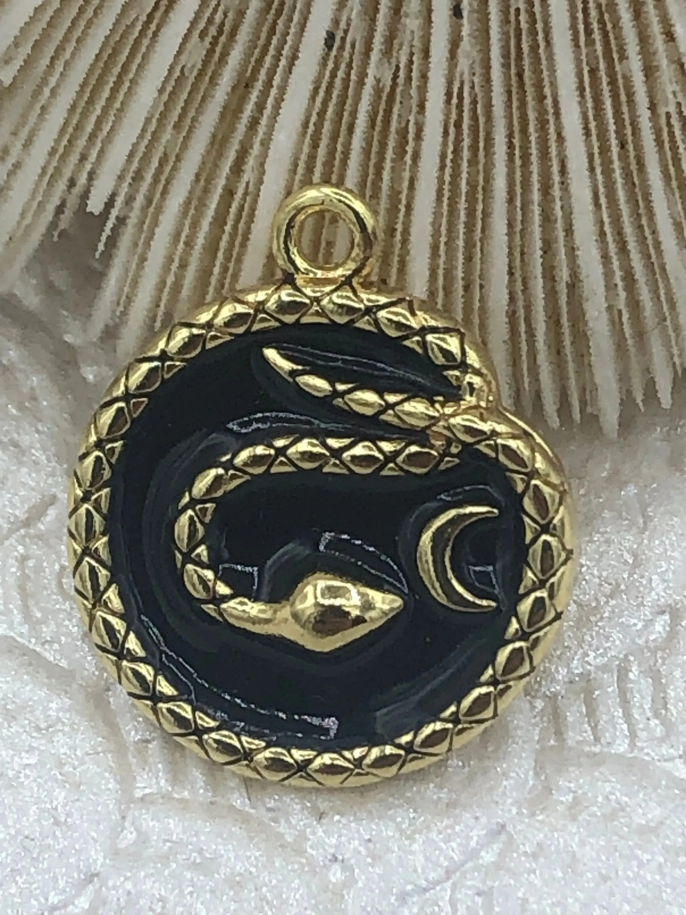 Enamel Snake on Round Coin Pendant With Crescent Moon, Gold Enamel Round Pendant, Enamel 3 Colors from the menu. 20mm x 16mm Fast Shipping