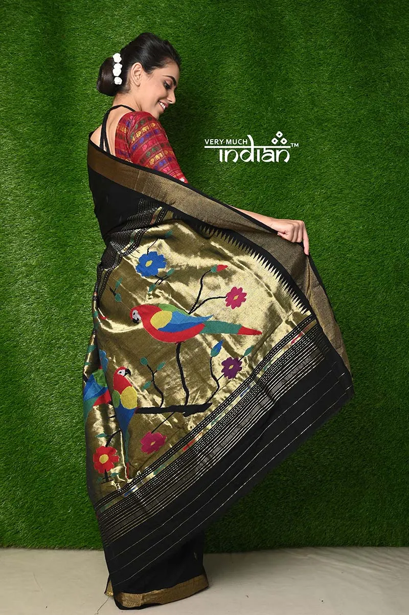Exclusive Cotton Handloom Paithani - Black Colour with Designer 3 Parrots Pallu