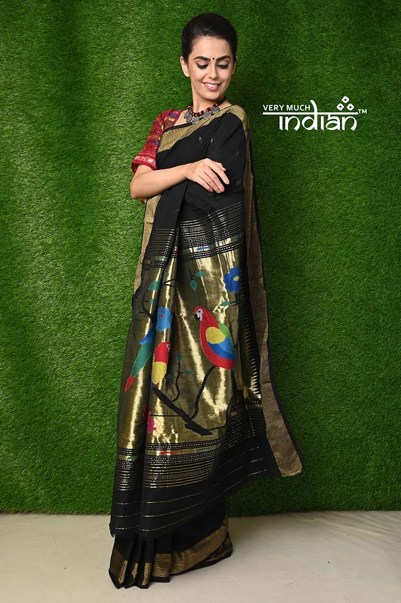 Exclusive Cotton Handloom Paithani - Black Colour with Designer 3 Parrots Pallu
