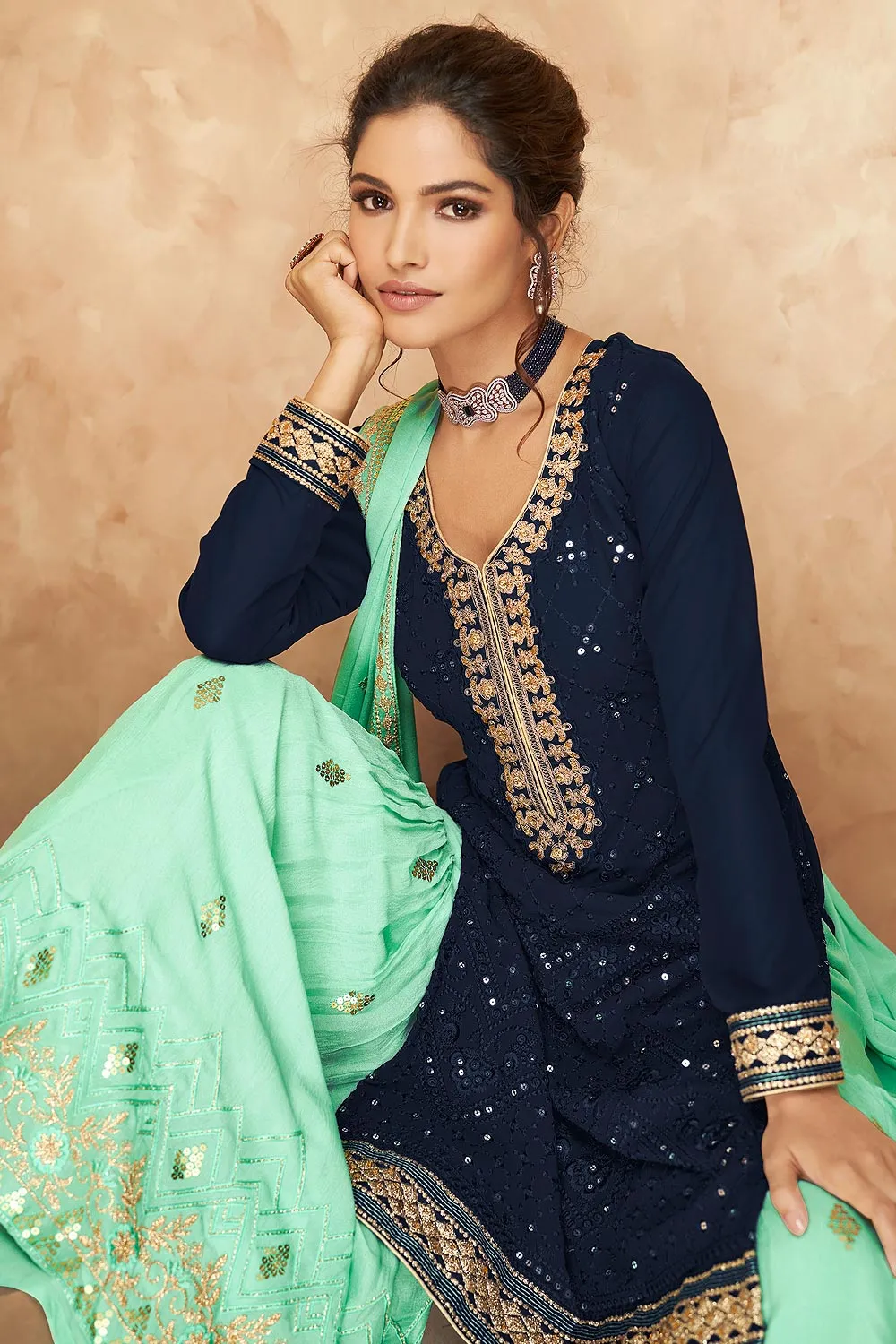 Faux Georgette Navy & Aqua Blue Designer Sharara Suit