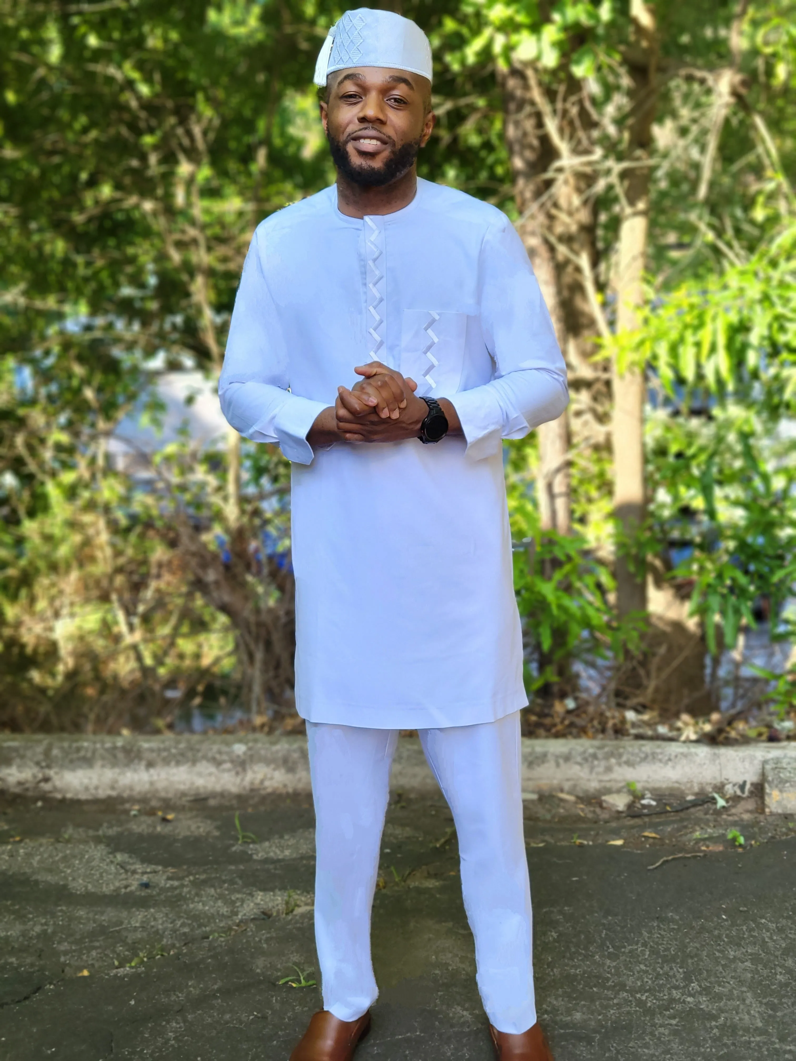 Felix Embroidered White African Senator Kaftan Dashiki Top with matching pants-DPXWSS5