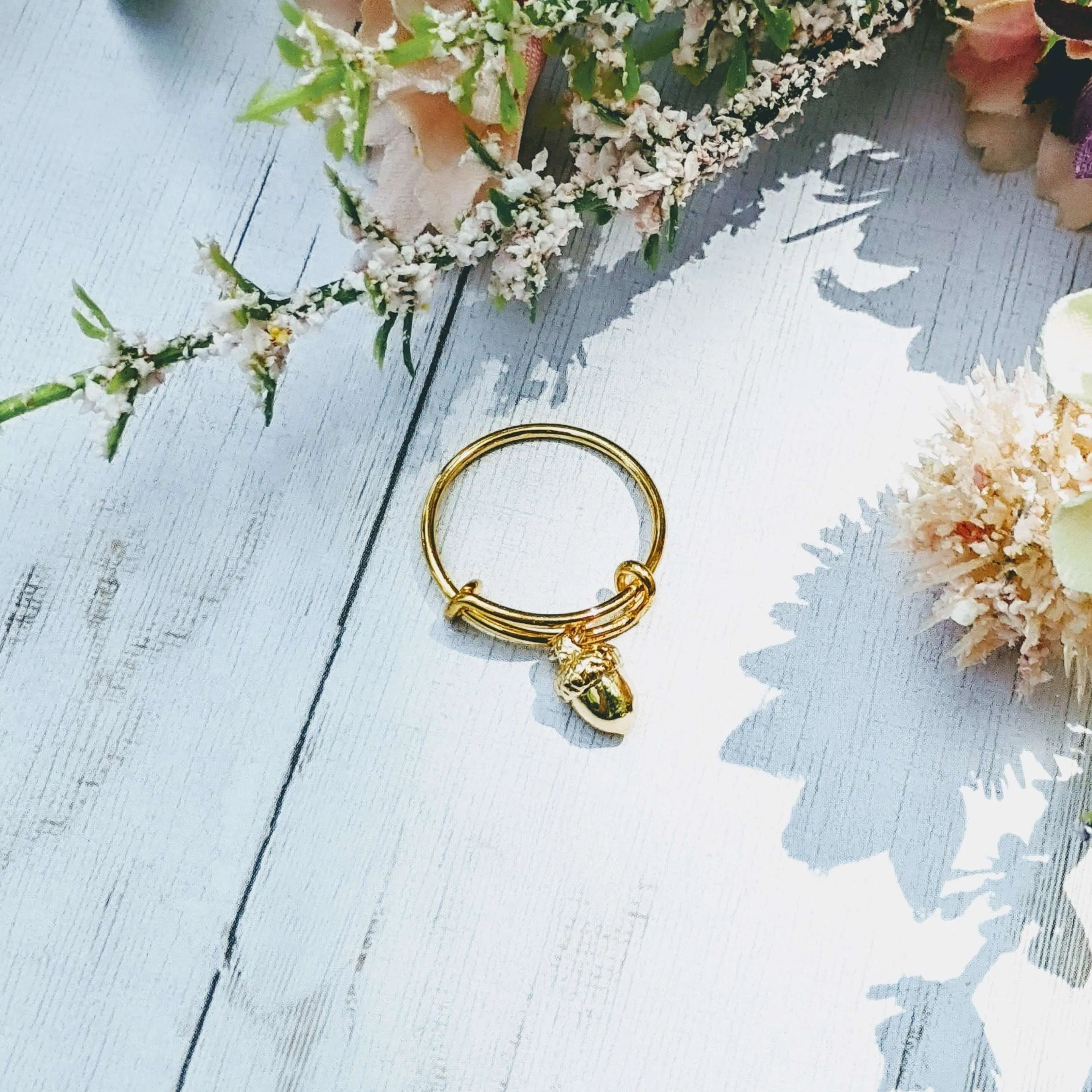 Gold Acorn Expandable Charm Ring