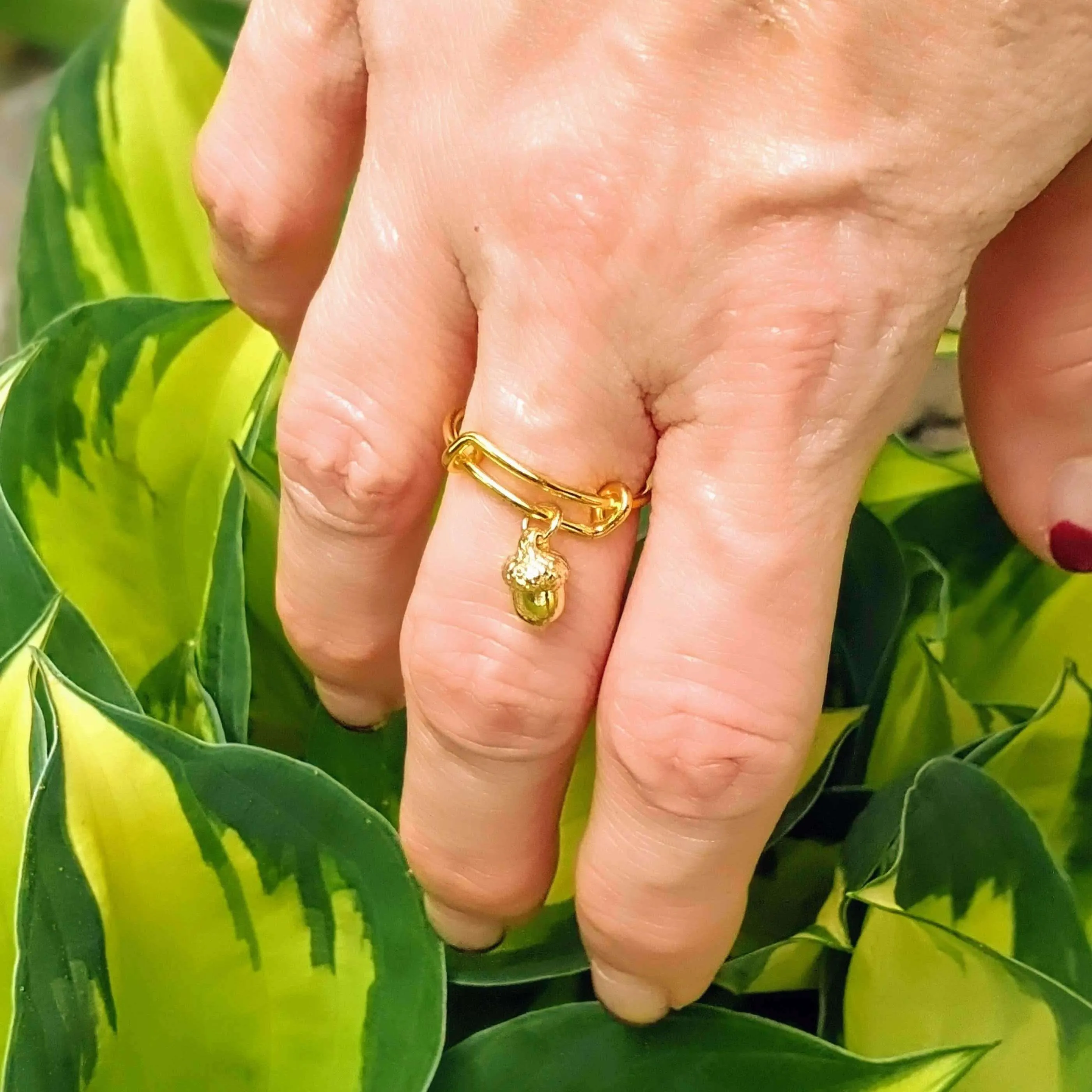 Gold Acorn Expandable Charm Ring