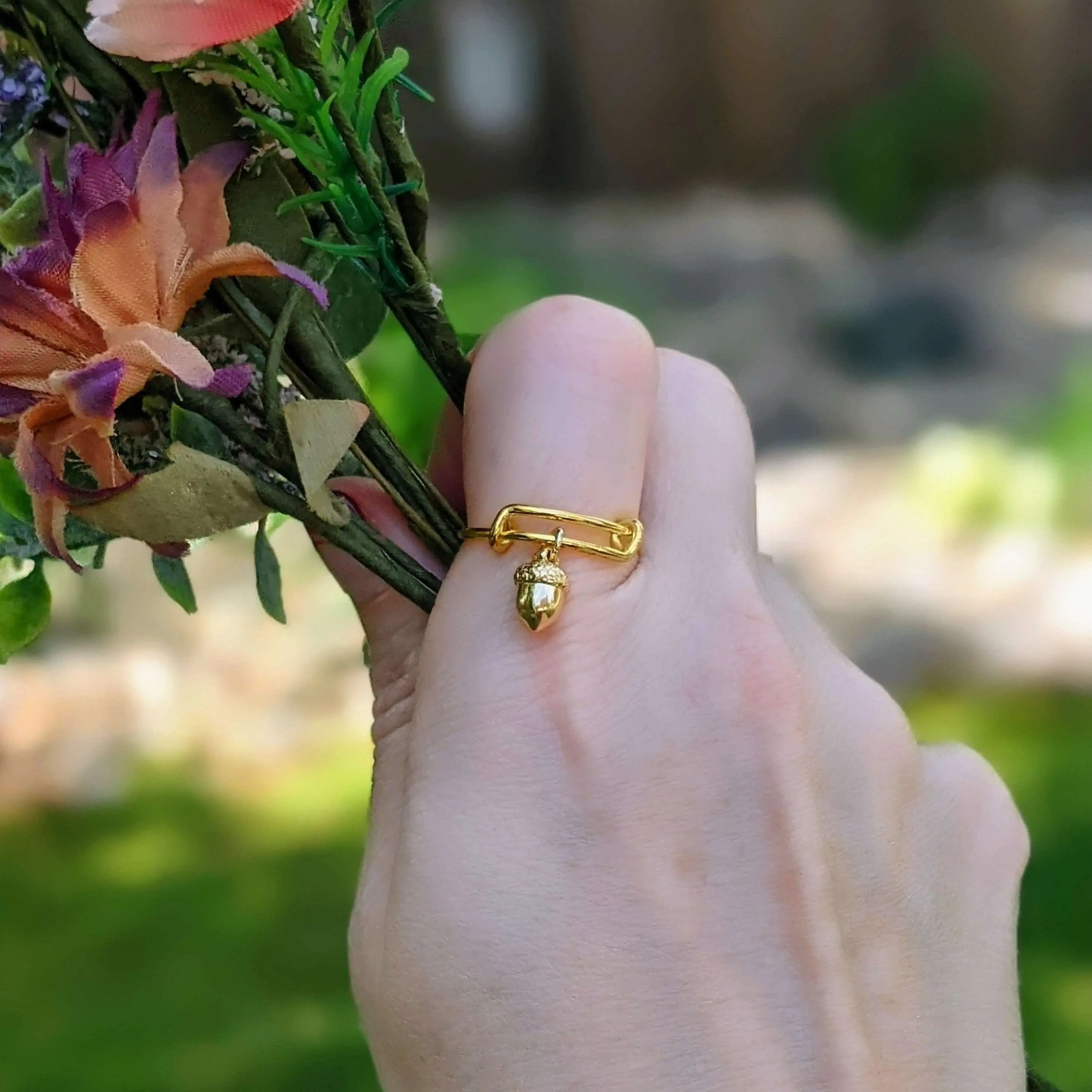 Gold Acorn Expandable Charm Ring