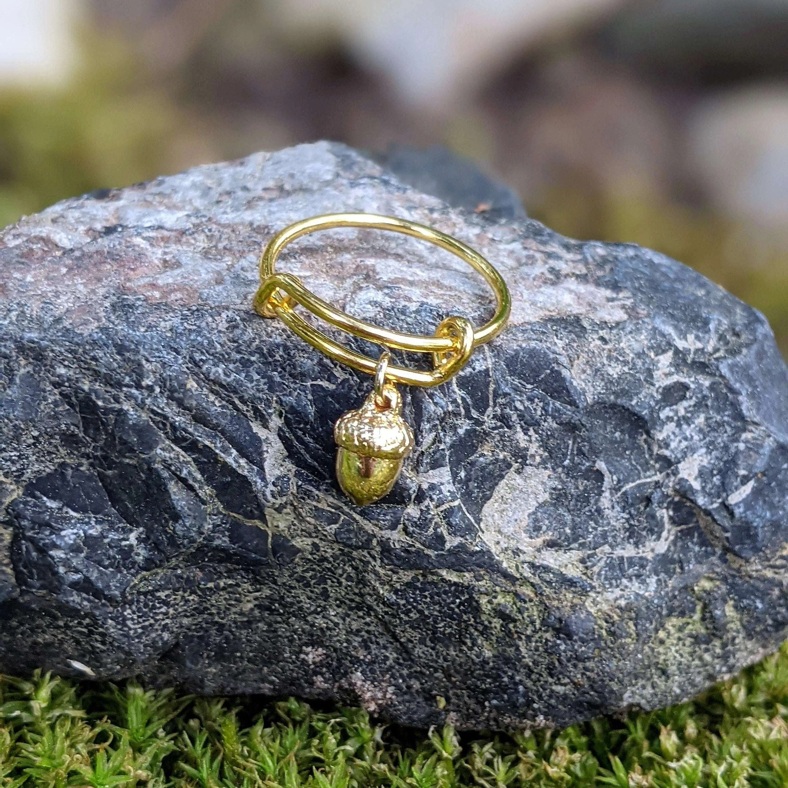 Gold Acorn Expandable Charm Ring