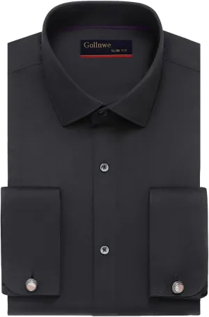 Gollnwe Men's Dress Shirt French Cuff Shirt for Men Slim Fit Stretch Spread Collar with Metal Cufflink