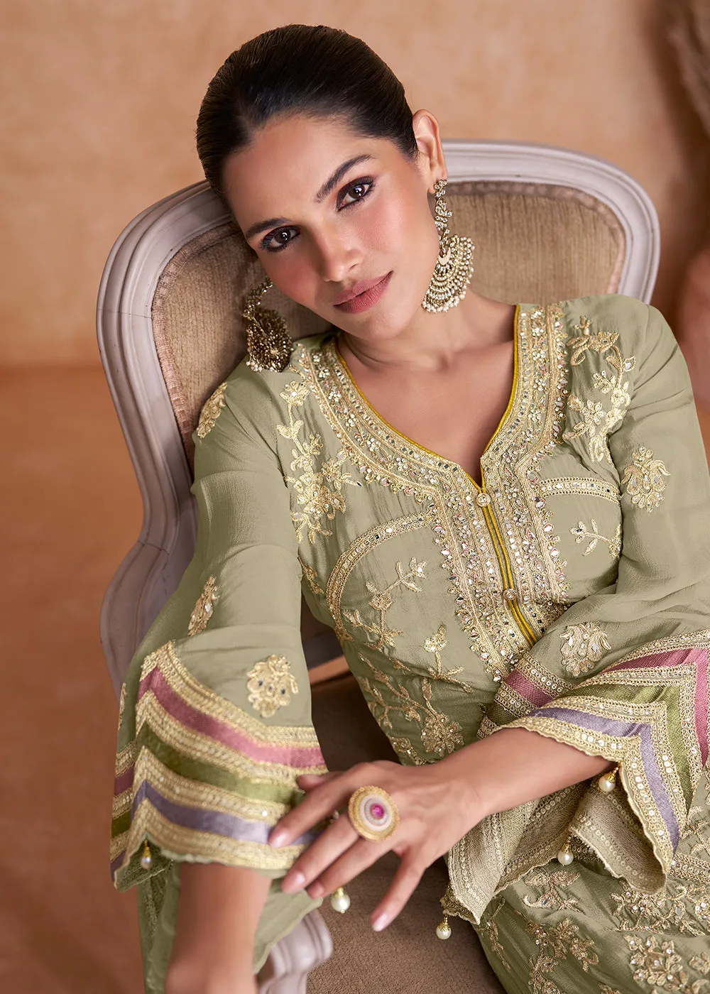 Green Chinnon Fabric Embroidered Designer Salwar Suit