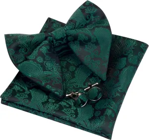 GUSLESON Fashion New Paisley Adjustable Pre-tied Big Bow Tie and Pocket Square Cufflink Set with Gift Box