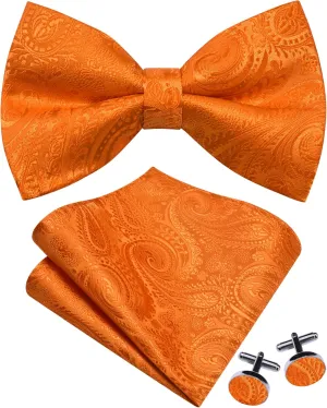 GUSLESON Mens Paisley Pre-Tied Bow Tie Handkerchief Jacquard Woven Adjustable Bowties Pocket Square Cufflinks Set