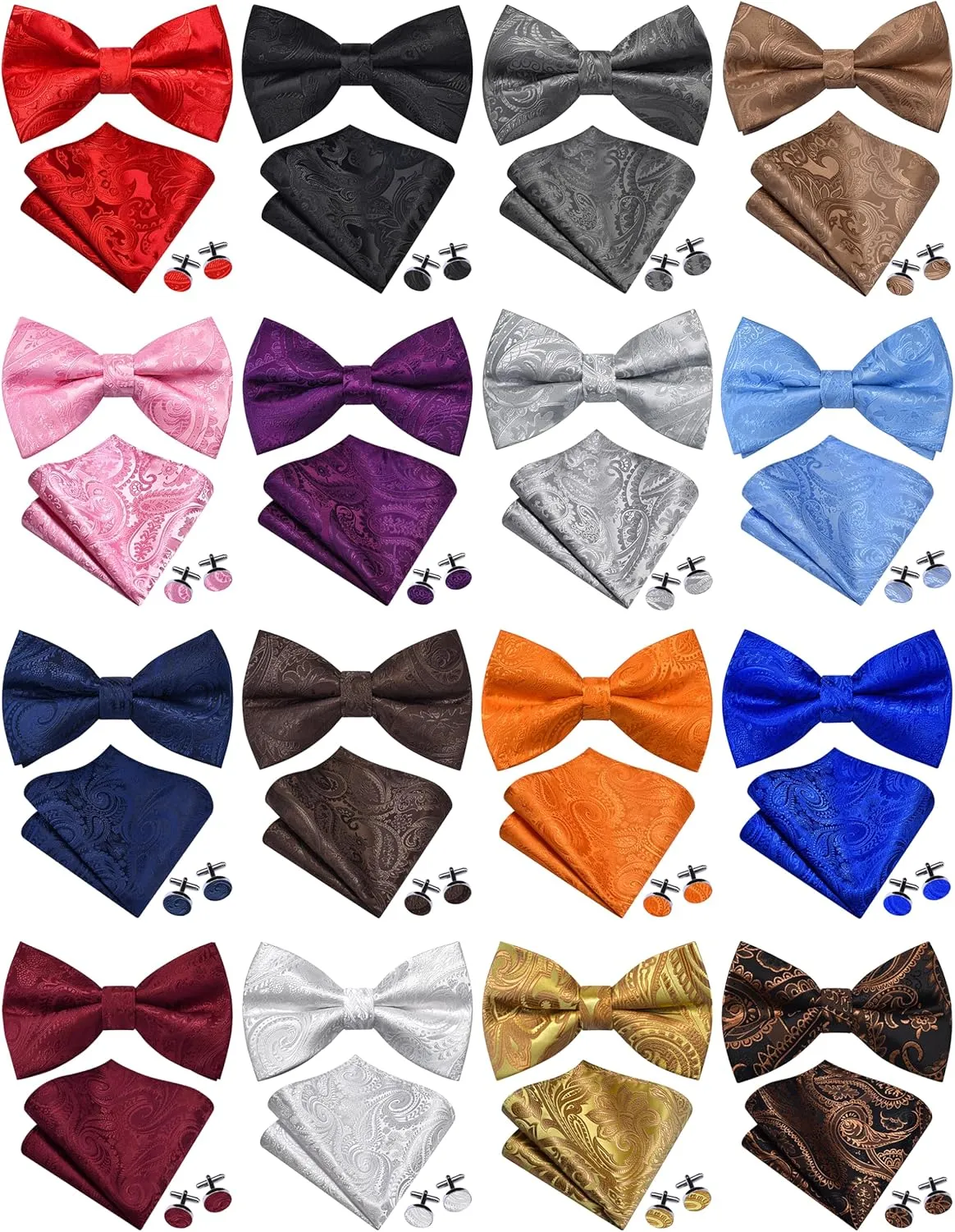 GUSLESON Mens Paisley Pre-Tied Bow Tie Handkerchief Jacquard Woven Adjustable Bowties Pocket Square Cufflinks Set