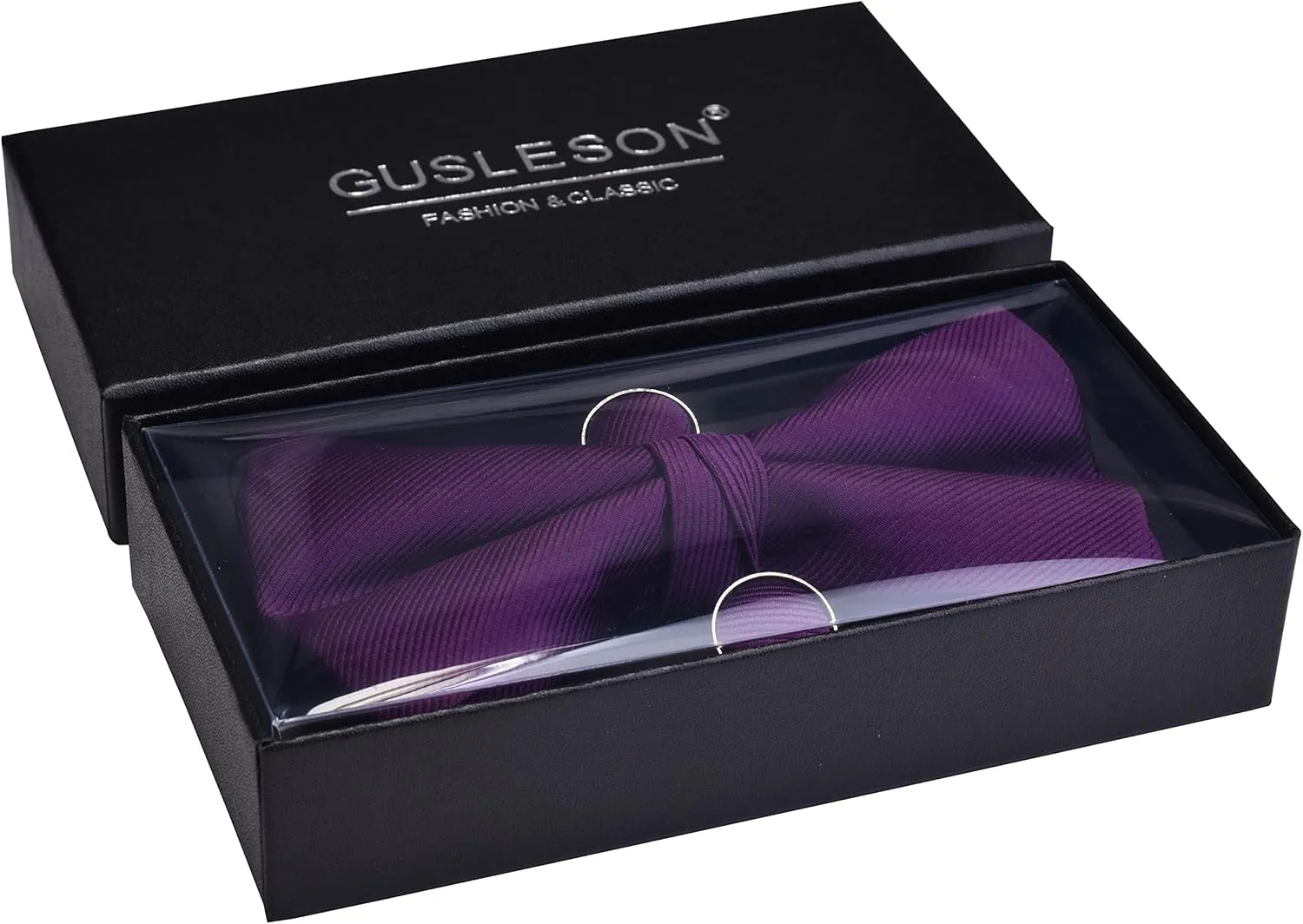 GUSLESON Mens Solid Color Jacquard Woven Adjustable Pre-tied Bow Tie and Pocket Square Cufflink Set with Gift Box