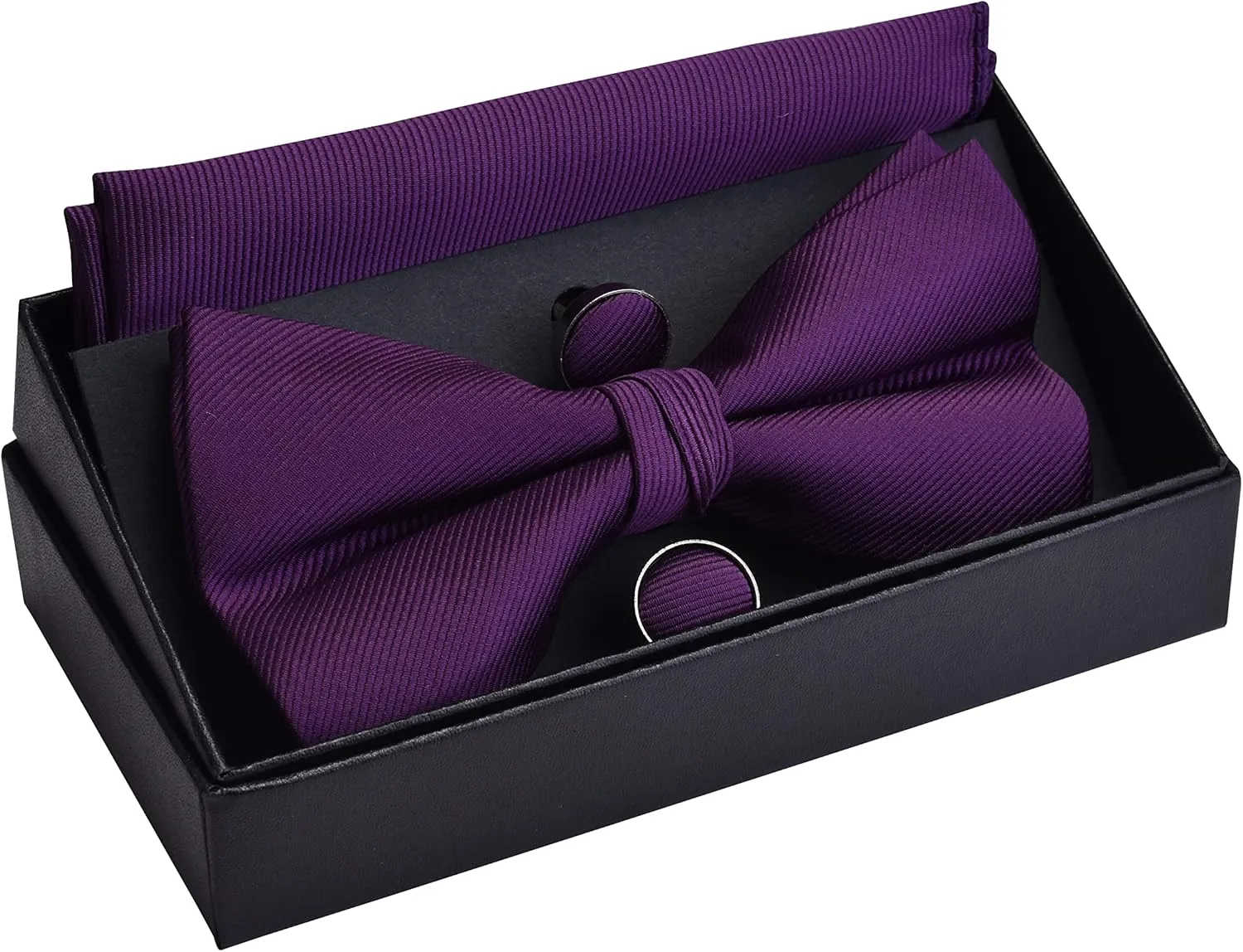 GUSLESON Mens Solid Color Jacquard Woven Adjustable Pre-tied Bow Tie and Pocket Square Cufflink Set with Gift Box