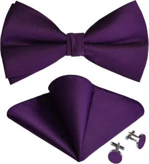 GUSLESON Mens Solid Color Jacquard Woven Adjustable Pre-tied Bow Tie and Pocket Square Cufflink Set with Gift Box