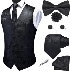 GUSLESON Men's V-Neck Suit Vests Formal Men Vest Paisley Jacquard Tie Waistcoat Bow tie Hanky Set Wedding 7PCS