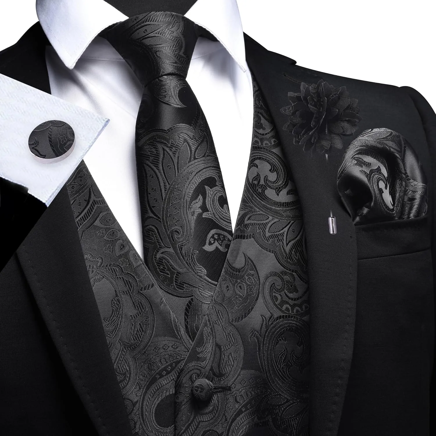 GUSLESON Men's V-Neck Suit Vests Formal Men Vest Paisley Jacquard Tie Waistcoat Bow tie Hanky Set Wedding 7PCS