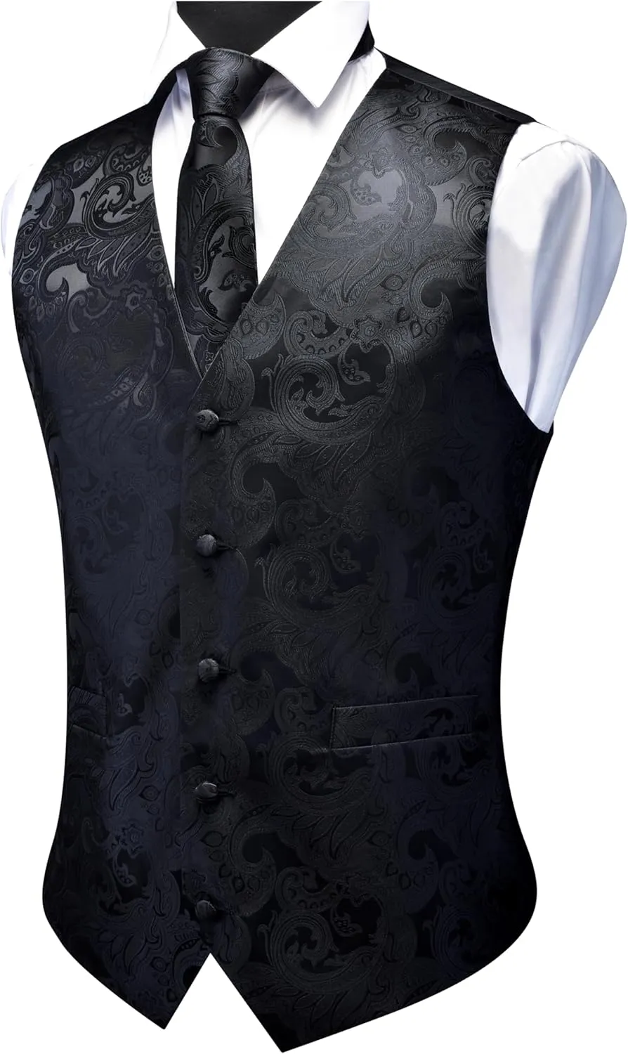 GUSLESON Men's V-Neck Suit Vests Formal Men Vest Paisley Jacquard Tie Waistcoat Bow tie Hanky Set Wedding 7PCS