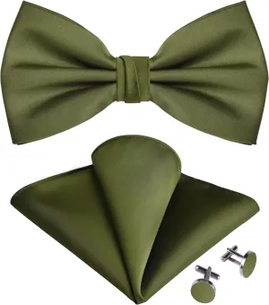 GUSLESON Solid Color Unusual Wrapping Adjustable Pre-tied Bow Tie and Pocket Square Cufflink Set with Gift Box