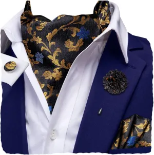Hi-Tie Silk Ascot for Men Self Tie Men's Cravat and Flower Lapel Pin Handkerchief Cufflinks Set for Wedding Party