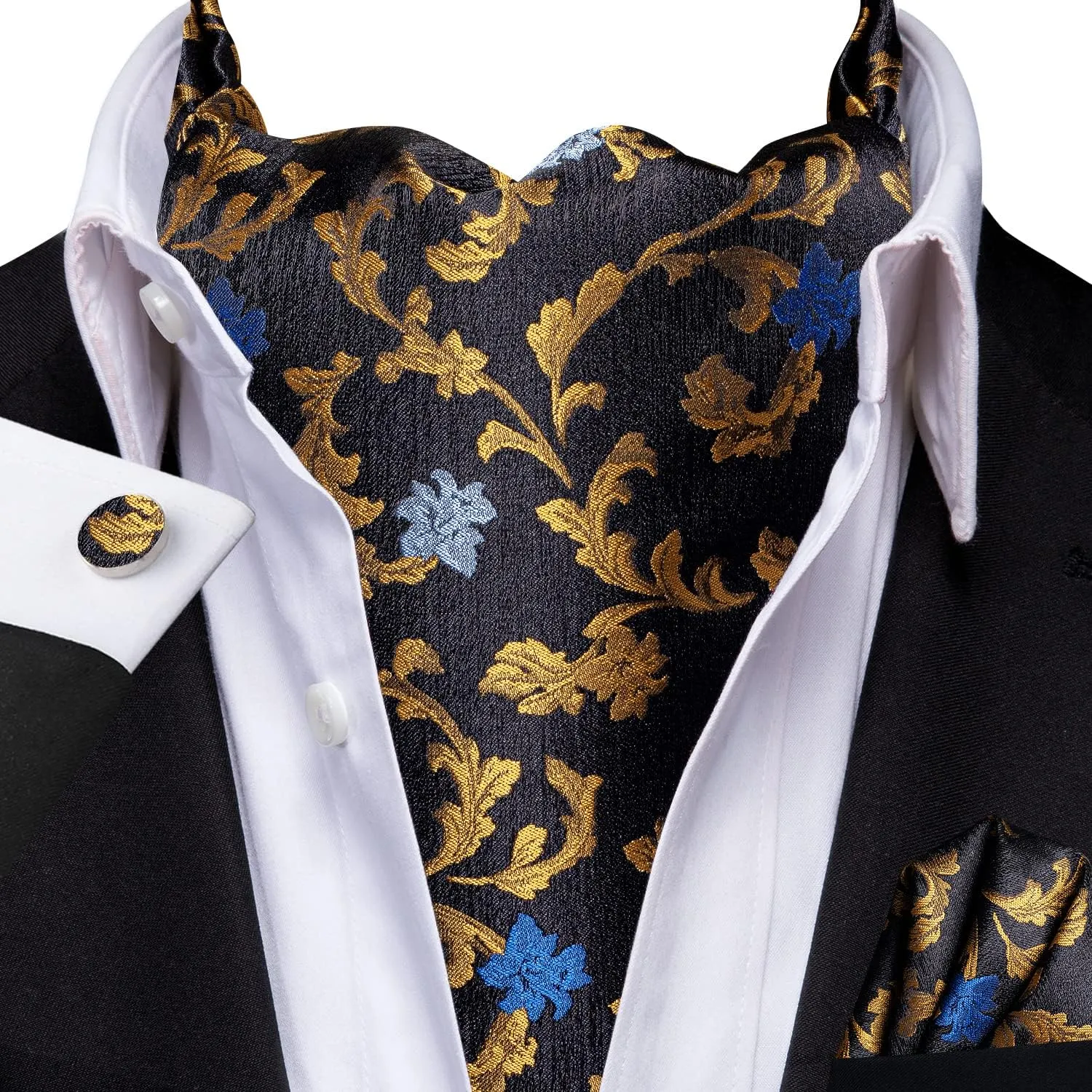 Hi-Tie Silk Ascot for Men Self Tie Men's Cravat and Flower Lapel Pin Handkerchief Cufflinks Set for Wedding Party