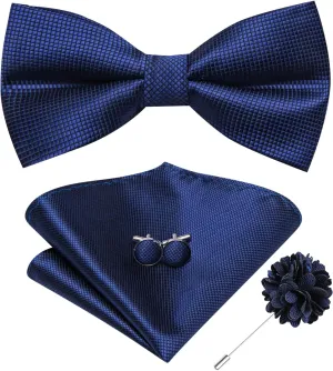 Hi-Tie Silk Bow Ties for Men Pre-Tied Bowties Lapel Pin Pocket Square Cufflinks Set Wedding Adjustable Bow Tie