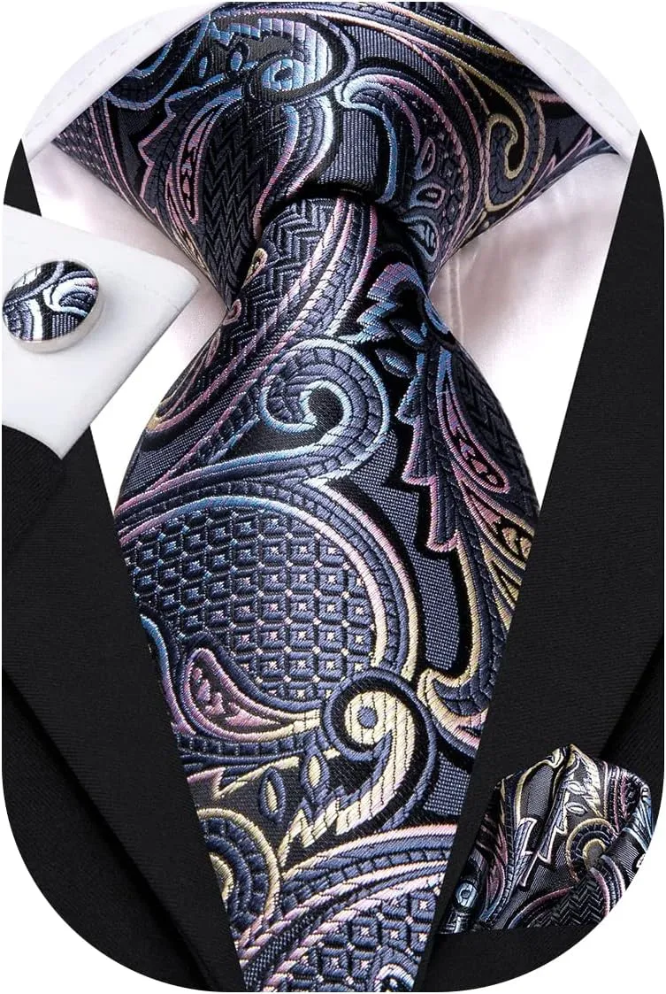 Hi-Tie Silk Paisley Ties for Men Necktie Pocket Square Cufflinks Set Foral Tie Sets Formal Business