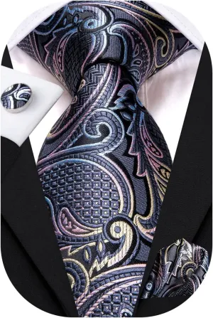 Hi-Tie Silk Paisley Ties for Men Necktie Pocket Square Cufflinks Set Foral Tie Sets Formal Business