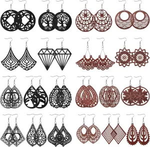 Hicarer 20 Pairs Wooden Earrings for Women African Drop Earrings Bulk Lightweight Wood Boho Pendant Dangle Jewelry for Christmas Women Ladies Gifts