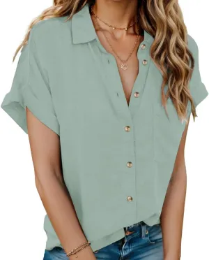 HOTOUCH Women Linen Shirts Button Down Cotton Short Sleeve Blouses V Neck Collared Button-up Gauze Tops S-3XL