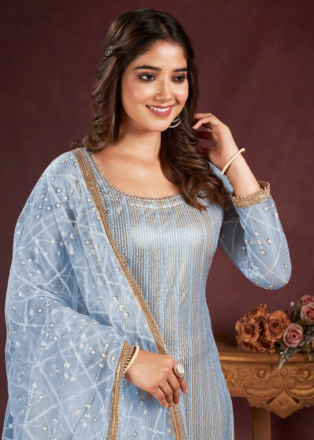 Ice Blue Butterfly Net Embroidered Festive Salwar Suit