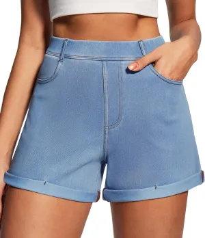 IUGA Stretchy Jorts Women Pull On Jean Shorts Womens High Waisted Folded Hem Denim Shorts Summer Casual with Pockets