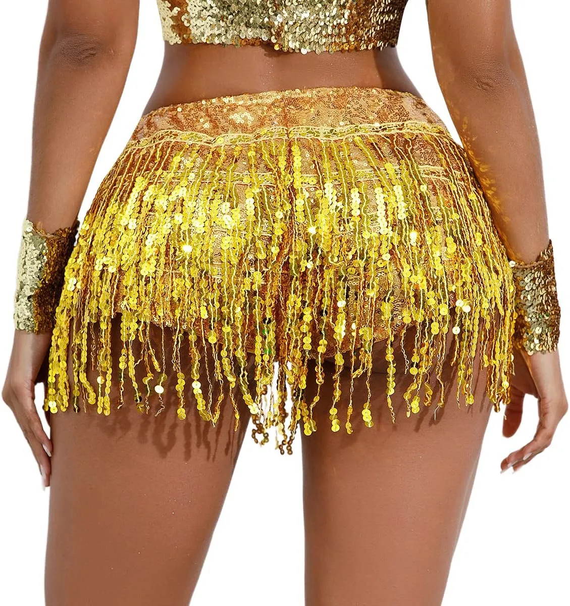 IWEMEK Belly Dance Hip Skirt Women Sequin Tassel Skirts Shorts Booty Dance Festival Bottoms Sequin Skirt with Sparkly Fringe