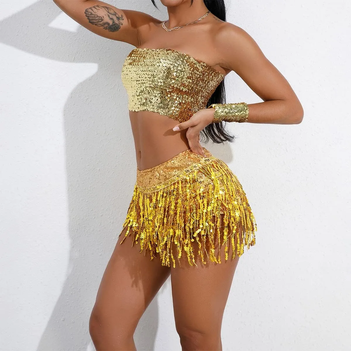 IWEMEK Belly Dance Hip Skirt Women Sequin Tassel Skirts Shorts Booty Dance Festival Bottoms Sequin Skirt with Sparkly Fringe