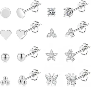 Jstyle 8 Pairs Sterling Silver Stud Earrings for Women, 14K Gold Plated Heart Flower Butterfly Tiny Stud Earrings Set for Multiple Piercing, Hypoallergenic Small Cubic Zirconia Studs Earrings, Dainty Earrings for Women