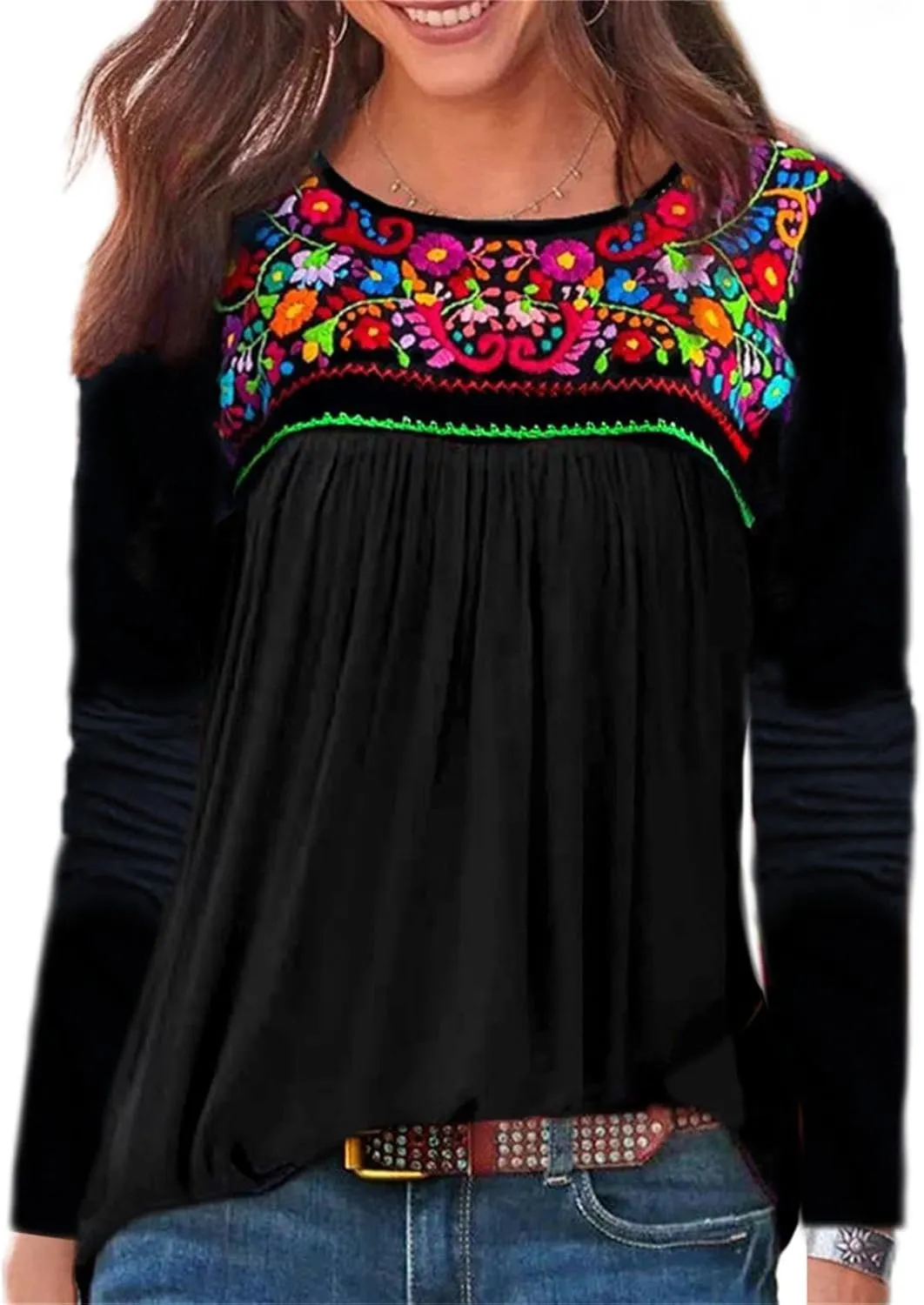 Melliflo Long Sleeve Mexican Shirts for Women Floral Embroidered Peasant Blouse Ethnic Style Boho T-Shirts