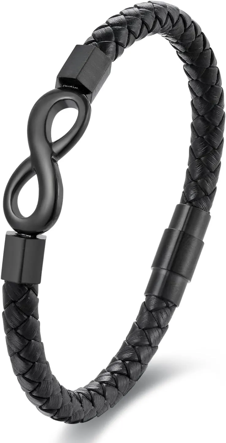 Mens Braided Black Leather Infinity Knot Bracelet, Stainless Steel Friendship and Forever Love Bracelet, Gift to Husband from Wife, Anniversary and Valentines Gift