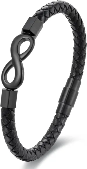 Mens Braided Black Leather Infinity Knot Bracelet, Stainless Steel Friendship and Forever Love Bracelet, Gift to Husband from Wife, Anniversary and Valentines Gift