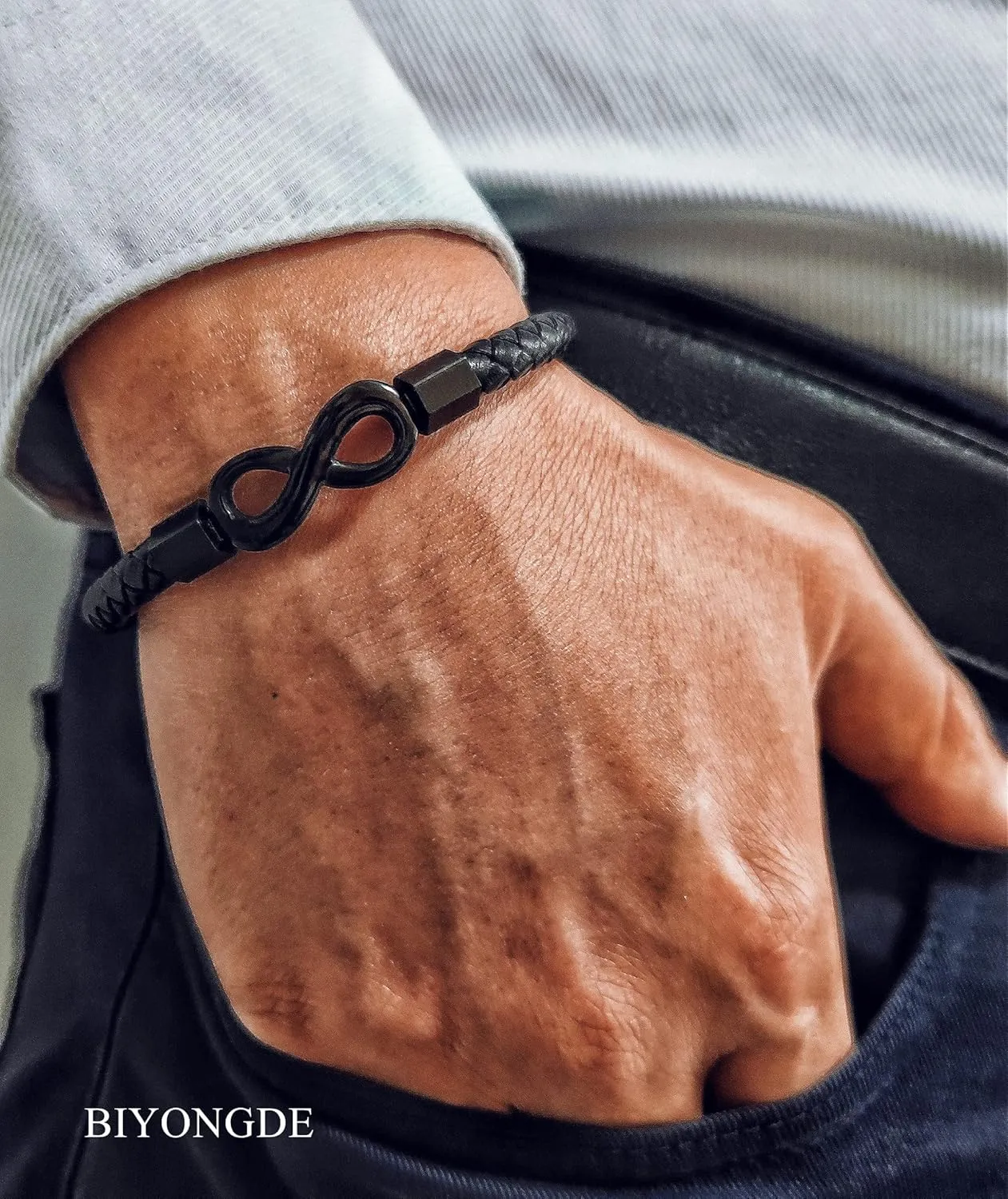 Mens Braided Black Leather Infinity Knot Bracelet, Stainless Steel Friendship and Forever Love Bracelet, Gift to Husband from Wife, Anniversary and Valentines Gift