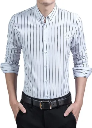 Men's Casual Business Vertical Striped Button Down Long Sleeve Dress Shirts