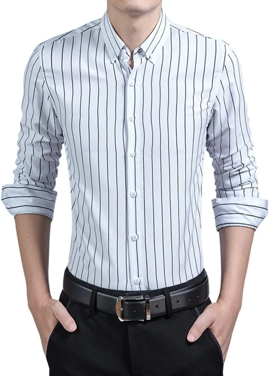 Men's Casual Business Vertical Striped Button Down Long Sleeve Dress Shirts