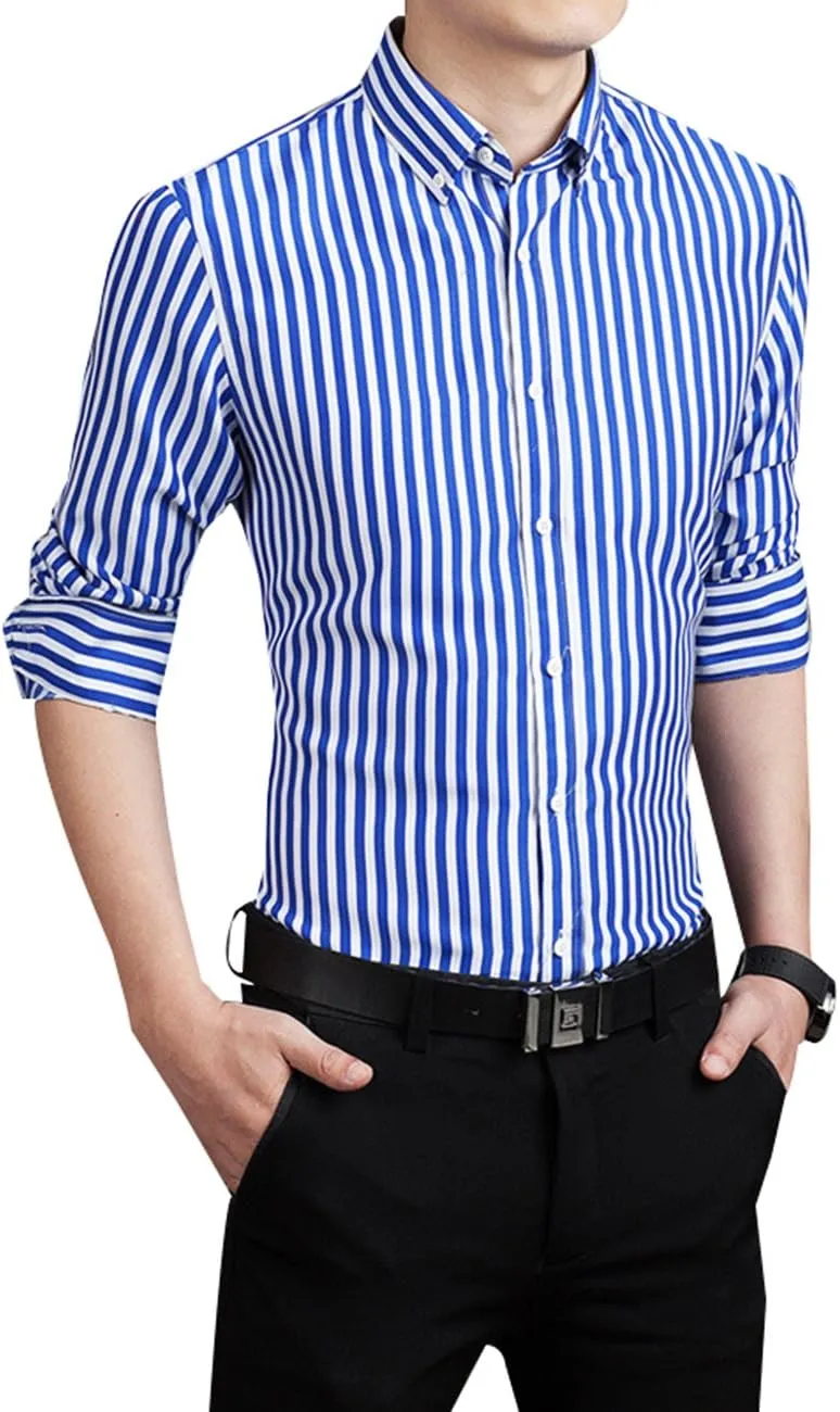Men's Casual Business Vertical Striped Button Down Long Sleeve Dress Shirts
