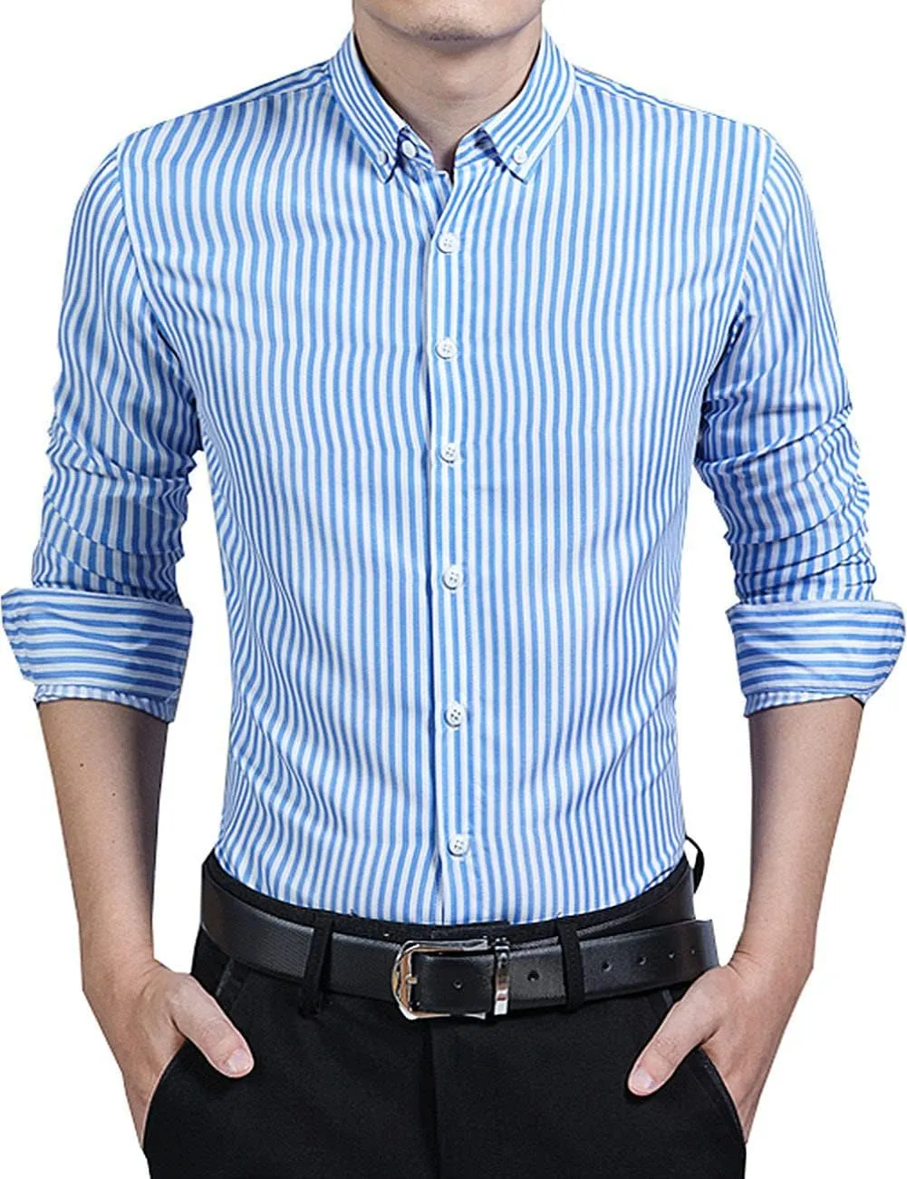 Men's Casual Business Vertical Striped Button Down Long Sleeve Dress Shirts