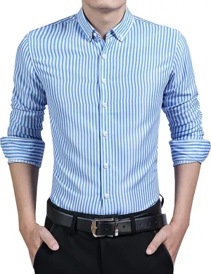 Men's Casual Business Vertical Striped Button Down Long Sleeve Dress Shirts