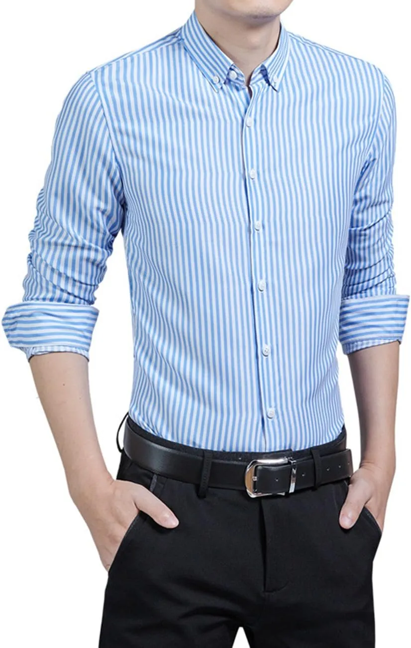 Men's Casual Business Vertical Striped Button Down Long Sleeve Dress Shirts