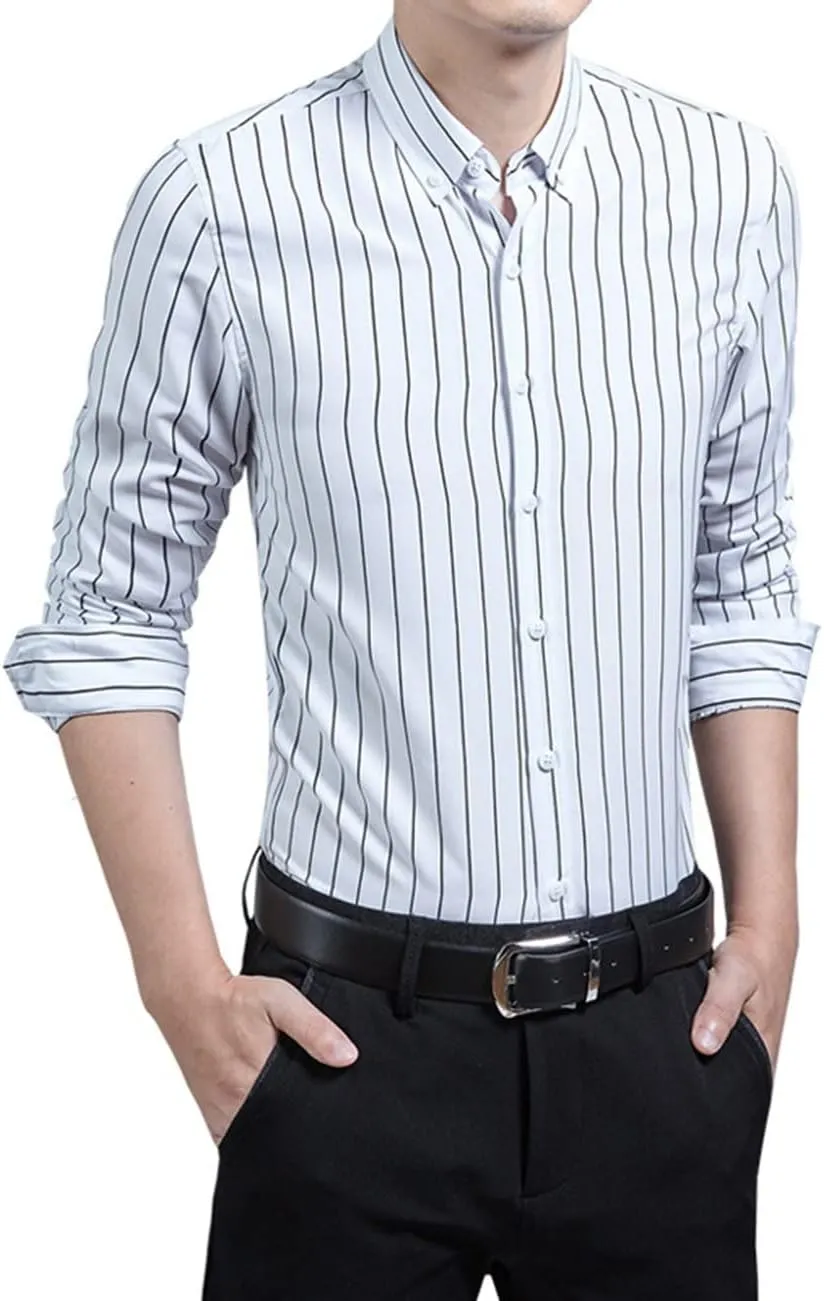 Men's Casual Business Vertical Striped Button Down Long Sleeve Dress Shirts