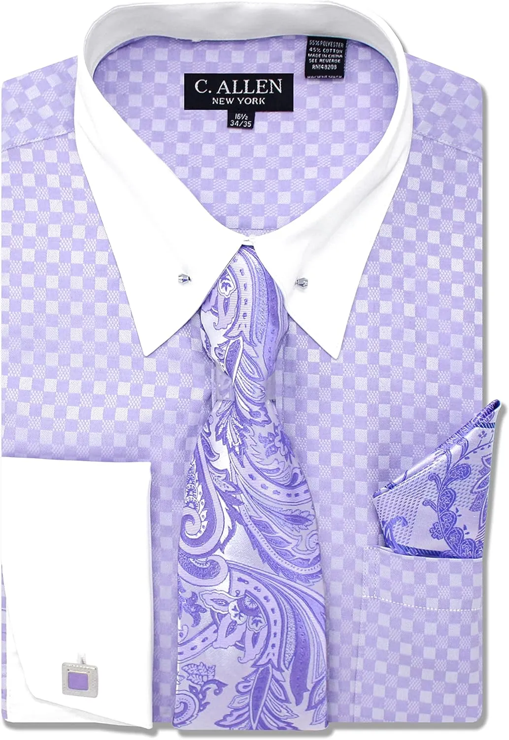 Men's Checkerd Pattern Regular Fit French Cuffs Long Sleeve Dress Shirts with Tie Hanky Cufflinks Collar Bar Combo