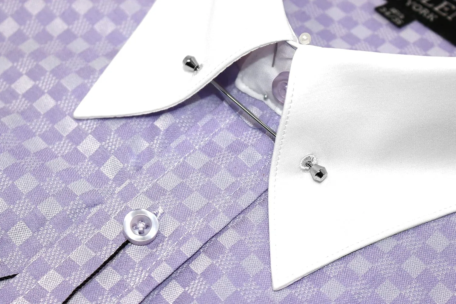 Men's Checkerd Pattern Regular Fit French Cuffs Long Sleeve Dress Shirts with Tie Hanky Cufflinks Collar Bar Combo