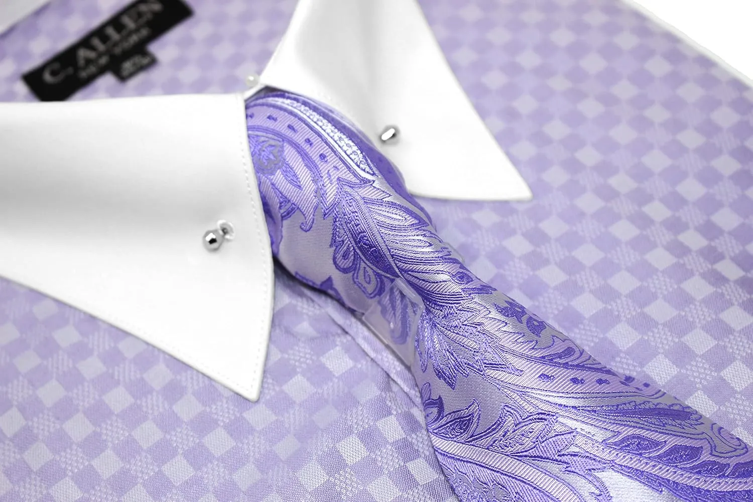 Men's Checkerd Pattern Regular Fit French Cuffs Long Sleeve Dress Shirts with Tie Hanky Cufflinks Collar Bar Combo